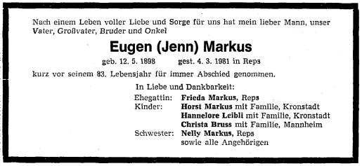 Markus Eugen 1898-1981 Todesanzeige (1)